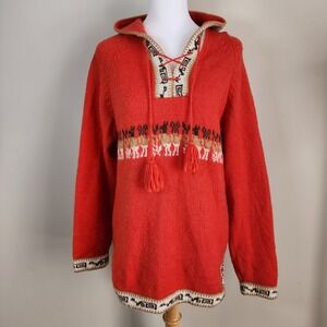 Alpaca Wool Hoodie Sweater Womens Medium Red Llama Boho Hand Knit Aztec Vintage